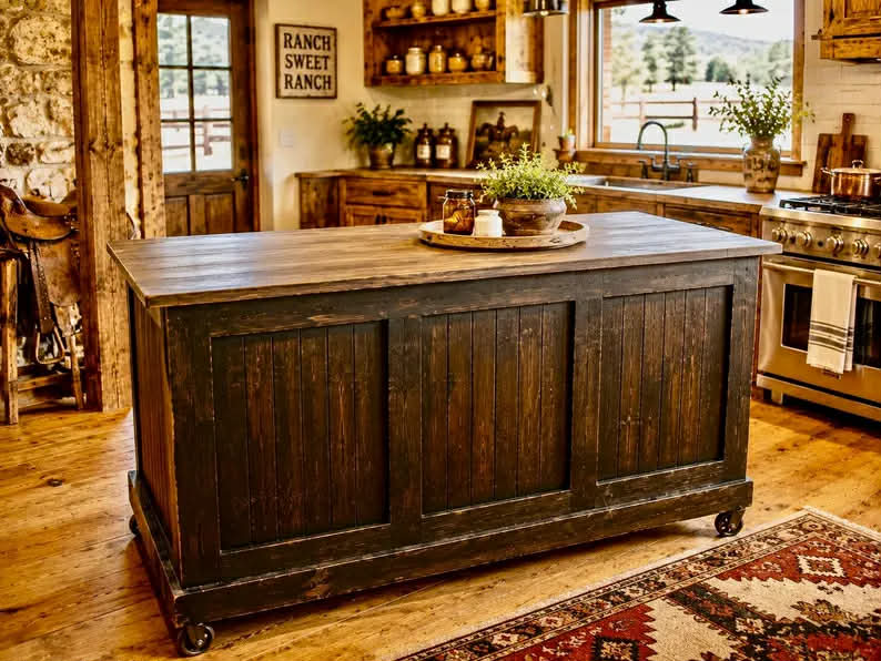 Distressed black Kitchen Island with large crate for storing potatoes or onions