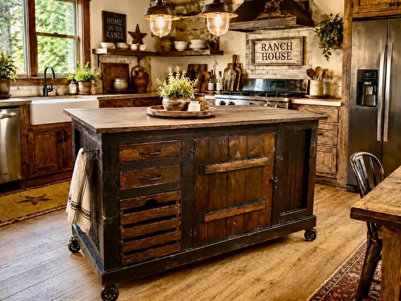 Distressed black Kitchen Island with large crate for storing potatoes or onions