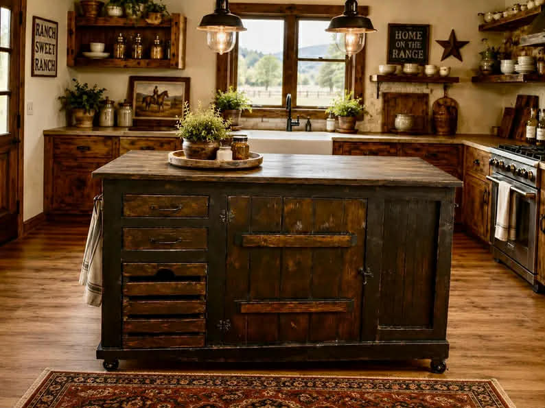 Distressed black Kitchen Island with large crate for storing potatoes or onions