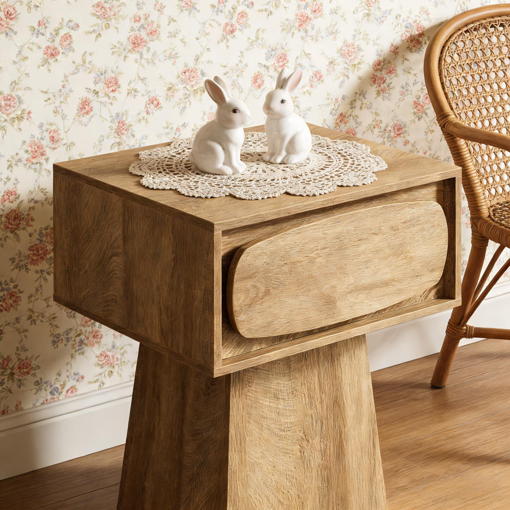 Handcrafted Wooden Side Table | Curved Drawer Design | Natural Wood Accent Table