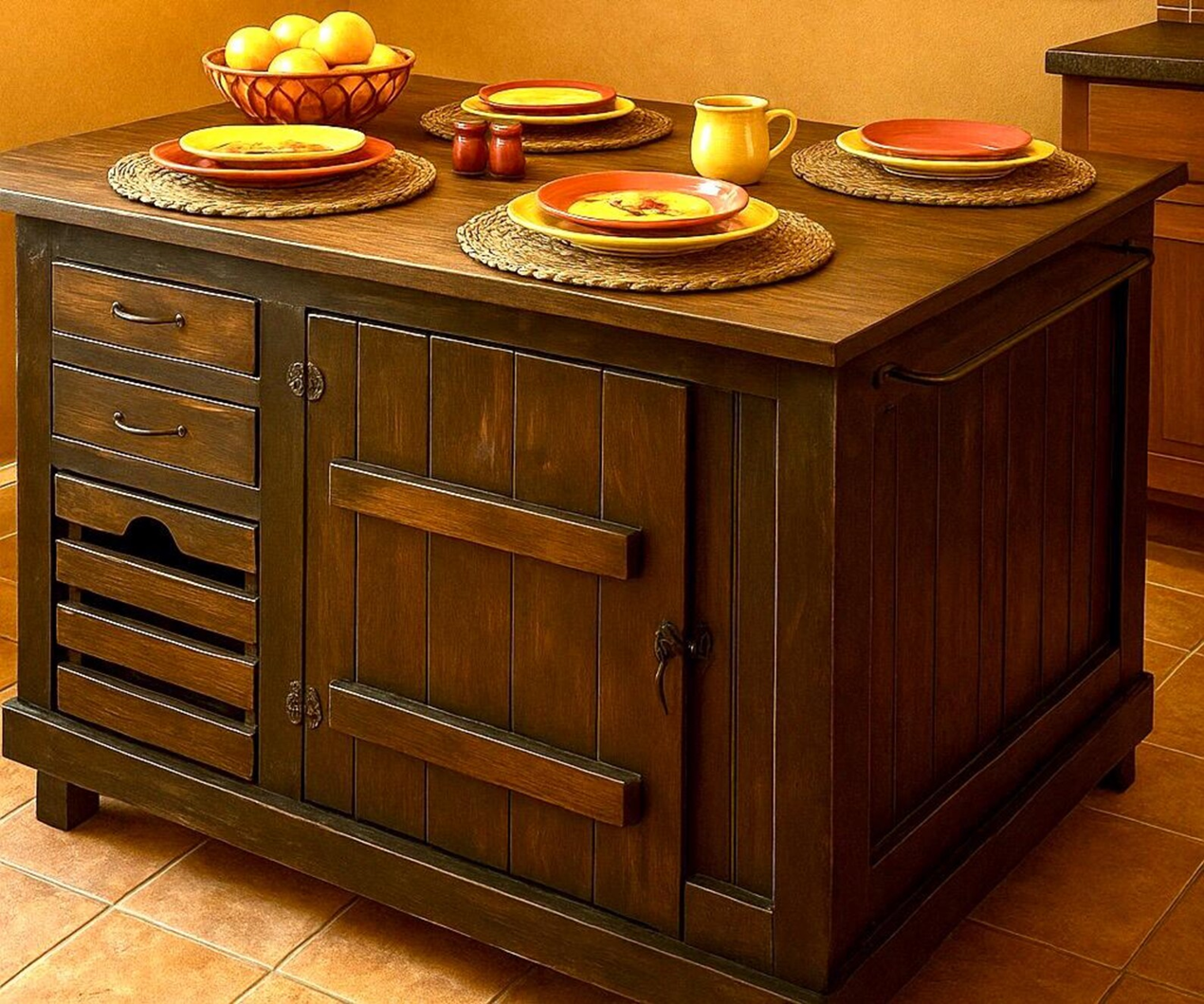 Distressed black Kitchen Island with storage and bookshelf