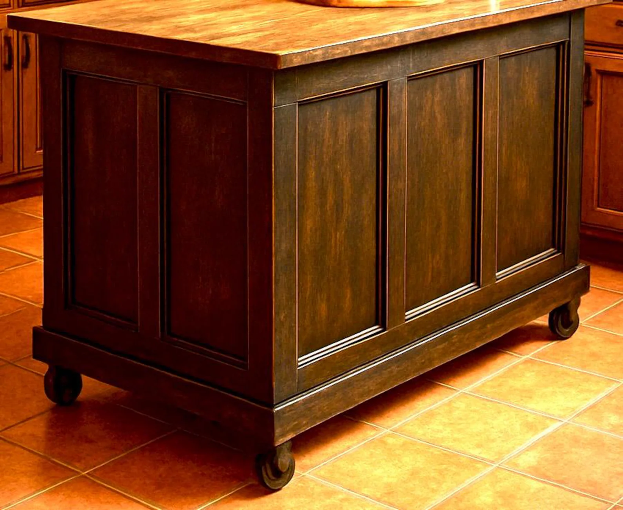 Distressed black Kitchen Island with storage and bookshelf