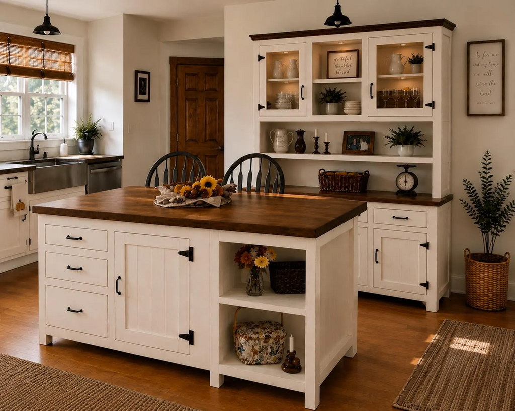 Rustic Farmhouse Kitchen Island – Handmade Storage Island with Smooth Panel or Charming Beadboard Detail