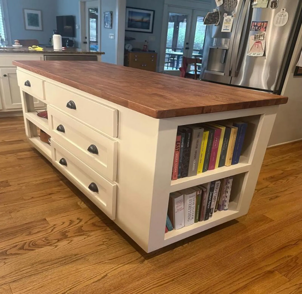 Solid Wood Kitchen Island – Urban & Farmhouse Style with Shelf and Drawer Storage