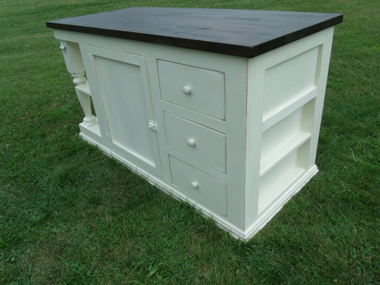 Rustic Farmhouse Three Drawer Kitchen Island with Storage Cabinet & Display Shelf