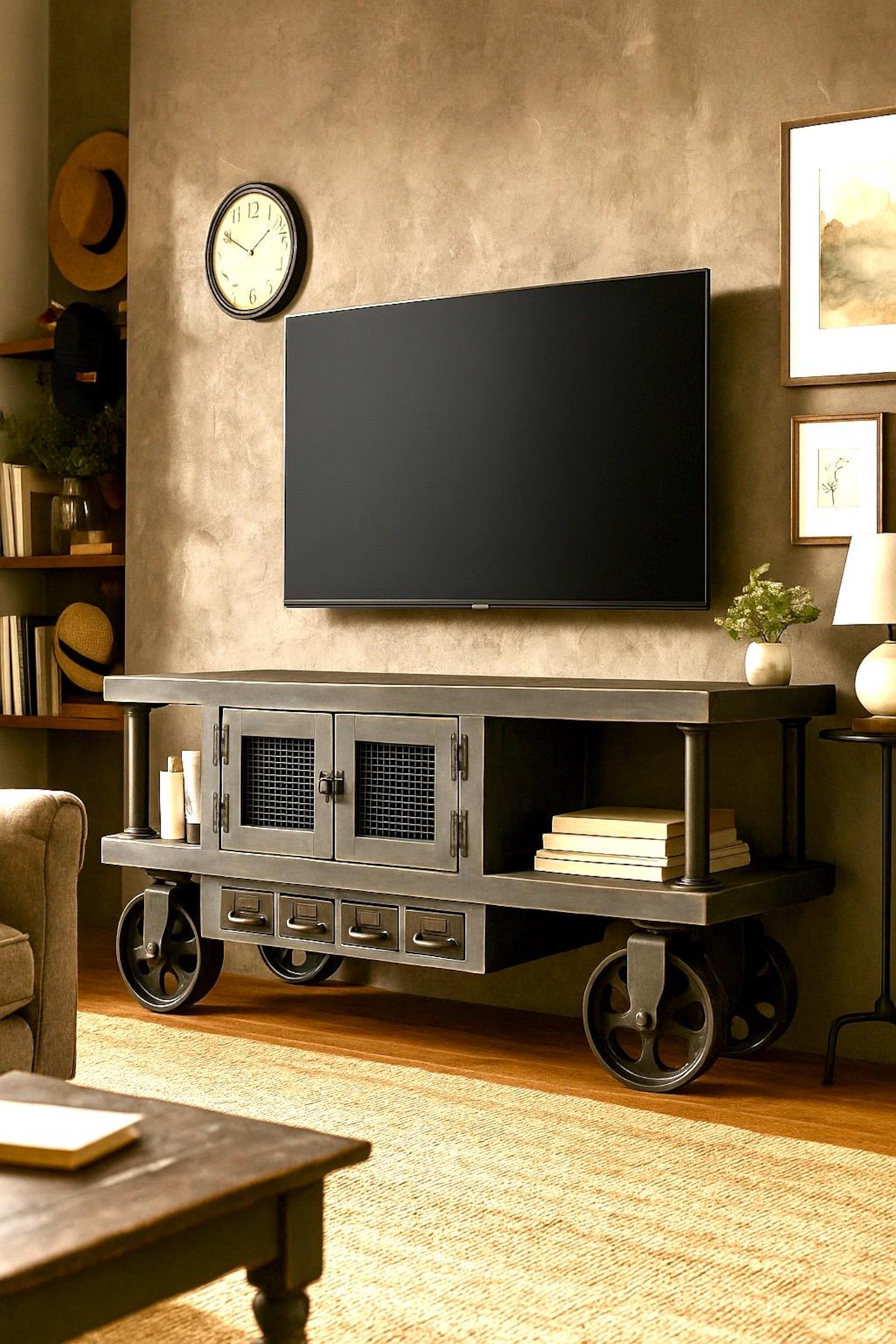Steampunk Industrial Media Console Cart